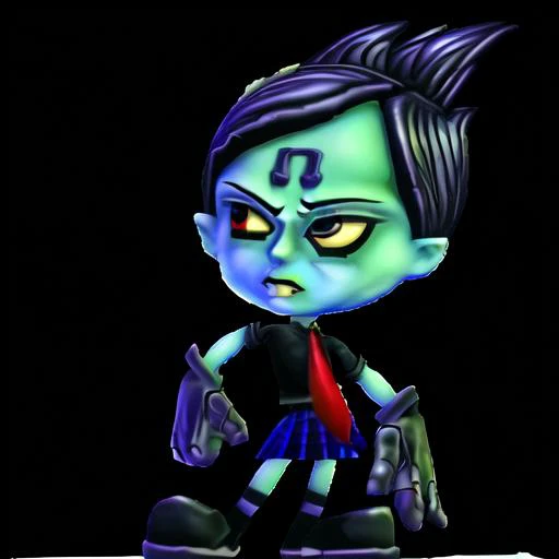 necktie, blue skin, boots, 1girl, nina cortex, skirt, solo, colored skin, transparent background, gloves, black hair, green skin, crash bandicoot