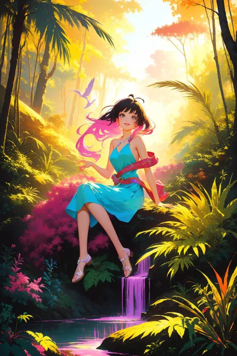 1girl, (cartoon art stylized by Phil Foglio:0.9) , grand Raw digital photo, elegant, Fashion shot of a Parched Wretched ("In the symphony of life, each note plays its part, weaving a melody that transcends time and space.":1.3) , centered Lime green and electric pink background, lush jungle with Pine needle carpet, Winter, deep focus, Masterpiece, Joyful, Dark Wave Art, side light, bokeh, compact camera, 800mm lens, Oversaturated, full of color, Diorama, beautiful, highly detailed, happy