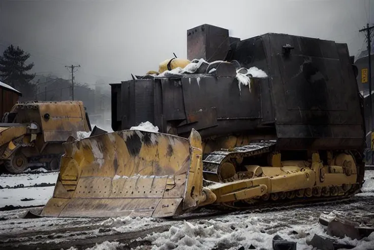 analog gloomy photo of a bulldozer with yellow blade, <lora:k1lld0z3r:0.9>, (at night), snow, (horror movie), ((nighttime)), (midnight), dark city, High Detail, Sharp focus, (photorealism), realistic, best quality, 8k, award winning, dramatic lighting, epic, cinematic, masterpiece, rim light, ambient fog:1.5,