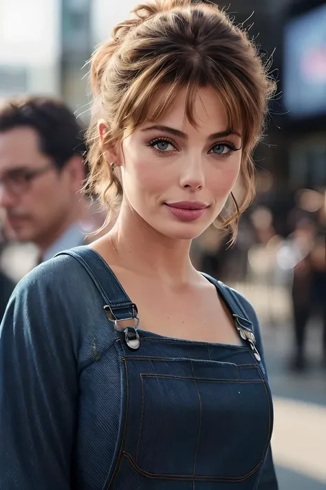 photo of extremely sexy (klebr0ck-200:0.99), a woman as a movie star, hair upsweep updo, modelshoot style, (extremely detailed CG unity 8k wallpaper), photo of the most beautiful artwork in the world, professional majestic oil painting by Ed Blinkey, Atey Ghailan, Studio Ghibli, by Jeremy Mann, Greg Manchess, Antonio Moro, trending on ArtStation, trending on CGSociety, Intricate, High Detail, Sharp focus, dramatic, photorealistic painting art by midjourney and greg rutkowski, (denim overalls:1.2), (long sleeve top), ((movie premiere)), ((standing near a movie theater)), ((paparazzi in the background)), (looking at viewer:1.2), (detailed pupils:1.3), (modern outfit:1.2), ((closeup portrait:1.3))