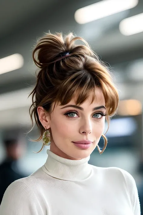 photo of beautiful (klebr0ck-200:0.99), a woman as a TikTok celebrity, hair upsweep updo, (elegant turtleneck top:1.2), at the airport, suitcase, dark moody ambience (masterpiece:1.2) (photorealistic:1.2) (bokeh) (best quality) (detailed skin:1.2) (intricate details) (detailed eyes) (8k) (HDR) (cinematic lighting) (sharp focus), ((looking at the camera:1.2)), closeup, earrings. (hands on her hips)