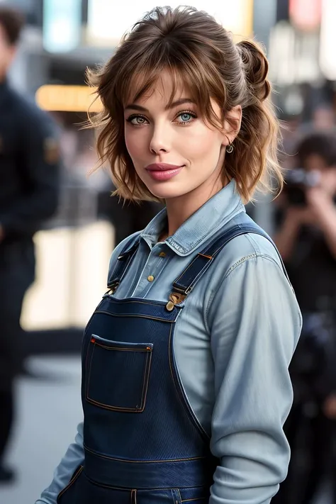 photo of extremely sexy (klebr0ck-200:0.99), a woman as a movie star, hair upsweep updo, modelshoot style, (extremely detailed CG unity 8k wallpaper), photo of the most beautiful artwork in the world, professional majestic oil painting by Ed Blinkey, Atey Ghailan, Studio Ghibli, by Jeremy Mann, Greg Manchess, Antonio Moro, trending on ArtStation, trending on CGSociety, Intricate, High Detail, Sharp focus, dramatic, photorealistic painting art by midjourney and greg rutkowski, (denim overalls:1.2), (long sleeve top), ((movie premiere)), ((standing near a movie theater)), ((paparazzi in the background)), (looking at viewer:1.2), (detailed pupils:1.3), (modern outfit:1.2), ((closeup portrait:1.3))