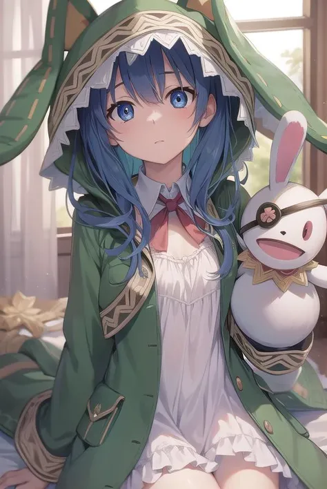 dalyoshino, yoshino, blue eyes, blue hair, long hair,
BREAK animal ears, animal hood, boots, coat, eyepatch, green footwear, hand puppet, hood, puppet, rabbit, rabbit ears, stuffed animal, stuffed toy,
BREAK looking at viewer, 
BREAK indoors,
BREAK (masterpiece:1.2), best quality, high resolution, unity 8k wallpaper, (illustration:0.8), (beautiful detailed eyes:1.6), extremely detailed face, perfect lighting, extremely detailed CG, (perfect hands, perfect anatomy),(white panties:1.5), (ass:1.5), kneeling, leaning forward, body tilt, small breasts, (short, tiny, little:1.5), blush, embarrassed, from below, from back, cowboy shot, spread legs, dutch angle