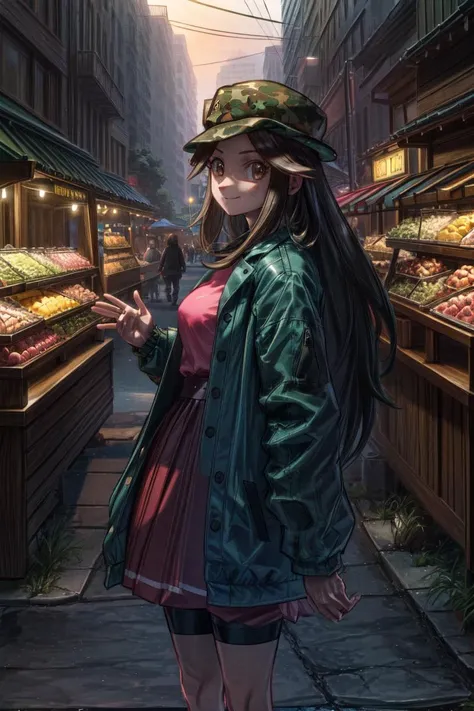 (volumetric lighting, Highres), (Detailed Illustration), Ultra-Detailed, 8k, nsfw, (detailed background, complex background:1.2), huge breasts, bbleaf,hat,camouflage headwear,green headwear,long hair,sidelocks,eyelashes,open clothes,green jacket,buttons,long sleeves,pink shirt,shoulder bag,bike shorts,black shorts,shoes,<lora:leaf_(pokemon):0.7> ,outdoors,busy street full of people, shops, vendor stalls, trees, cowboy shot,smile,standing,waving,(arm_at_side:1.2),<lora:add_detail:.8> <lora:hairdetailer:0.6>
