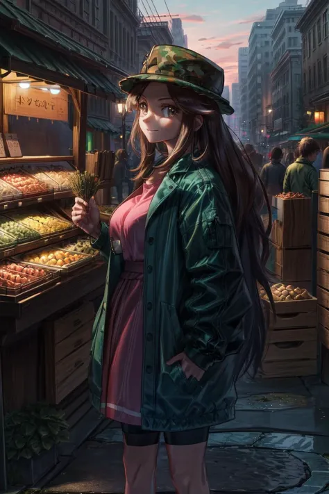 (volumetric lighting, Highres), (Detailed Illustration), Ultra-Detailed, 8k, nsfw, (detailed background, complex background:1.2), huge breasts, bbleaf,hat,camouflage headwear,green headwear,long hair,sidelocks,eyelashes,open clothes,green jacket,buttons,long sleeves,pink shirt,shoulder bag,bike shorts,black shorts,shoes,<lora:leaf_(pokemon):0.7> ,outdoors,busy street full of people, shops, vendor stalls, trees, cowboy shot,smile,standing,waving,(arm_at_side:1.2),<lora:add_detail:.8> <lora:hairdetailer:0.6>