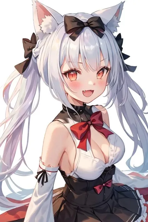 best quality, masterpiece, highres, solo, {yukikaze_azurlane:1.15}, animal_ears, cat_ears, long_hair, bow, hair_bow, bangs, blush, white_hair, black_bow, open_mouth, breasts, ribbon, fang, smile, twintails, animal_ear_fluff, sleeveless, red_eyes, medium_breasts, 1girl, looking_at_viewer, red_bow, simple_background, bare_shoulders, cleavage, low_twintails, white_background, :d, detached_sleeves, upper_body, red_ribbon