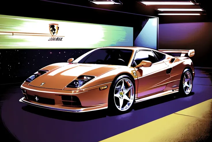absurdres, highres, best quality, <lora:c64Graphics_v10:0.7>, spacecraft, ferrari, stars, sleek,