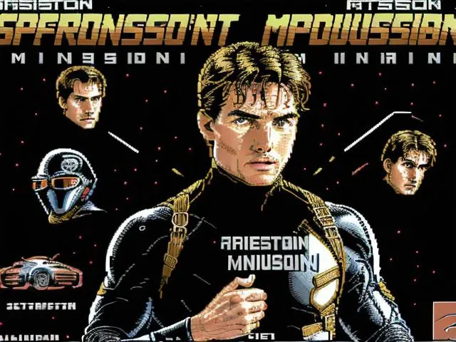Photo of Tom Cruise hanging with the suspension suit in mission impossible, detailed face, closeup, black background. dithering, enemies <lora:c64Graphics_v10:1>