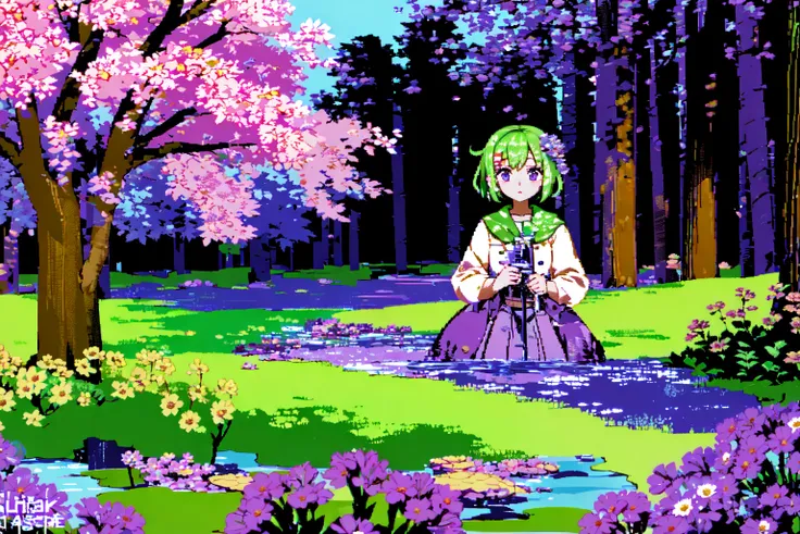absurdres, highres, best quality, <lora:c64Graphics_v10:1>, <lora:Polychrome:1>, 1girl, outdoors, filed, flowers, colorful, purple and green theme,