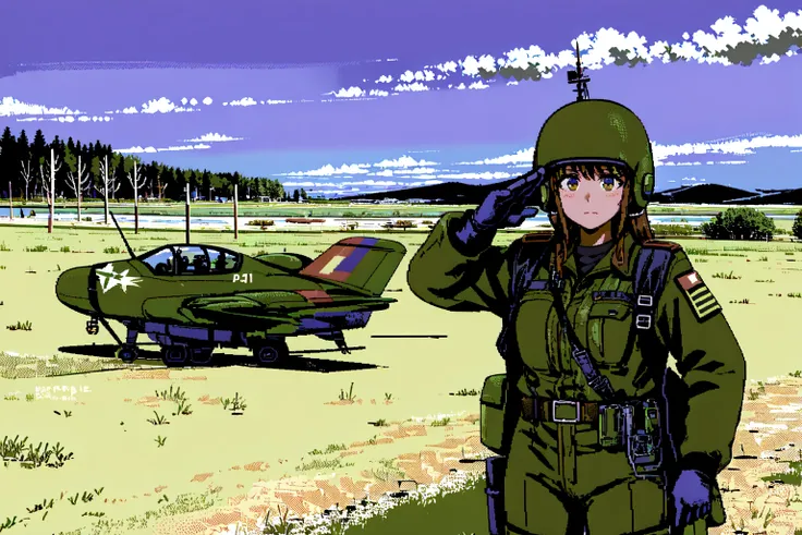 absurdres, highres, best quality, <lora:c64Graphics_v10:1>, 1girl, pilot, salute, scenery, full body, military uniform, outdoors,