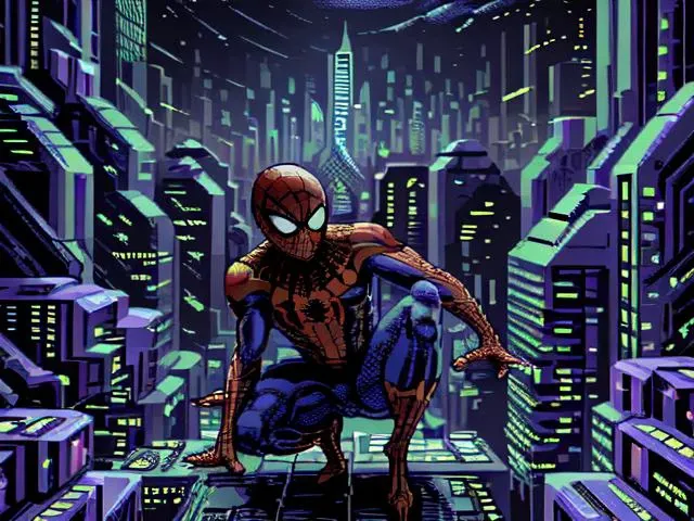 a very detailed image of spiderman in a futuristic city <lora:c64Graphics_v10:1>
