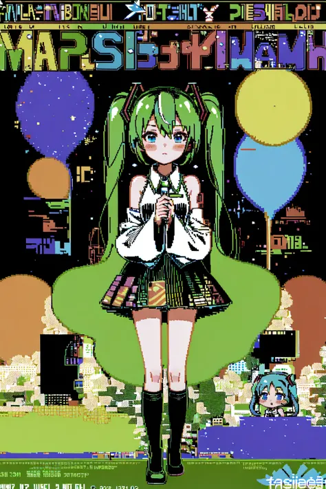absurdres, highres, best quality, <lora:c64Graphics_v10:1>, <lora:Polychrome:0.7>, 1girl, hatsune miku, video game cover, blush stickers,