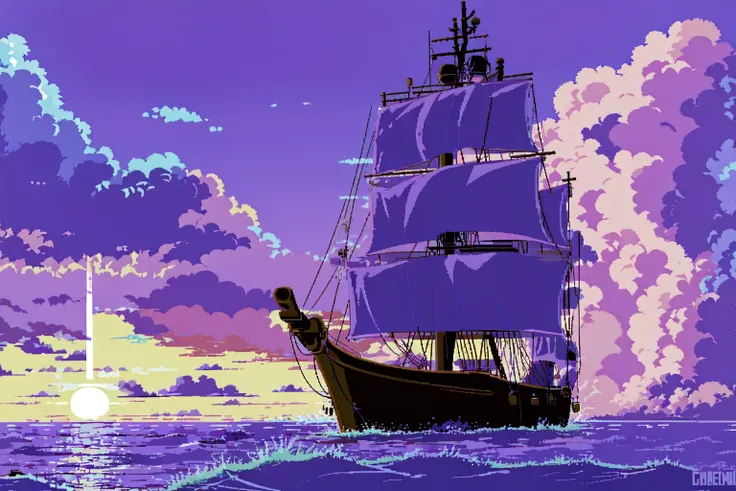 absurdres, highres, best quality, <lora:c64Graphics_v10:1>, <lora:Polychrome:0.7>, pirate ship, ocean, purple blue theme, clouds, wide shot, sunset,