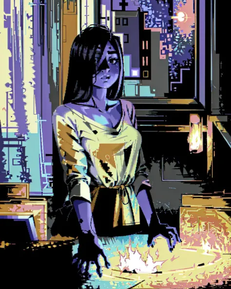 masterpiece, high quality, classical, (1girl:1.3), (upper-body shot:1.21), artistic, painterly, (pale skin:1.321), (loose t-shirt dress), barefoot, very long black hair, long hair between eyes, hair over face, thick eyebrows, dark bedroom interior, nighttime, soft lighting, character focus, [diffused lighting:1.1], <lora:c64Graphics_v10:0.65>, <lora:theovercomer8sContrastFix_sd15:0.8>, <lora:yamamuraSadakoTheRing_v3:0.85>, wide hips, medium breasts, (reaching hand toward viewer), (limited color pallet: black and purple and  peach), <lora:lilCthulhuStyle_1:0.75>