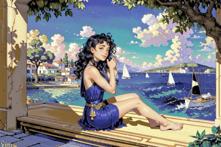 masterpiece, high quality, classical, (1girl:1.3), (upper-body shot:1.21), artistic, painterly, Mediterranean woman, (dark olive skin), loose ancient Greek silk dress, barefoot, long wavy black hair, amber eyes, [smile], sea, viewing platform, low marble wall, marble bench, lounging on marble bench, fig tree, bush, sail boats, afternoon, soft natural lighting, character focus, [diffused lighting:1.1], (by Joaqun Sorolla:1.31), (by Vittorio Matteo Corcos:1.5), <lora:c64Graphics_v10:0.65>, <lora:theovercomer8sContrastFix_sd15:0.8>