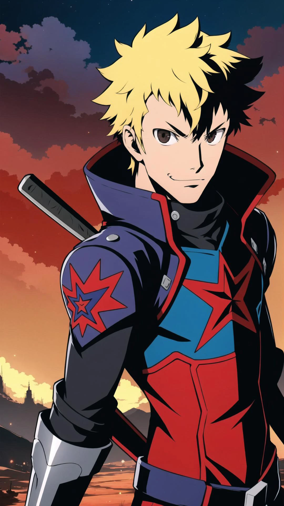 <lora:dsryuuji_lc_768:0.8> dsryuuji, 1boy, solo, blonde hair, punk, messy hair, skull mask, smirk, BREAK, <lora:UnlimitedBladeWorks1.6:0.5> Unlimited Blade Works, Warhammer, holding, weapon, holding weapon, (Weapon over shoulder, baseball bat:1.15), BREAK, <lora:persona_style:0.25>, BREAK, <lora:ttgl-eyecatch:0.5> ttgl eyecatch, looking at viewer, masterpiece, best quality, extremely detailed, highly quality, 4k, sharp focus, professional, sharp focus, award winning, cinematic lighting, octane render, unreal engine, volumetrics dtx, Wallpaper,