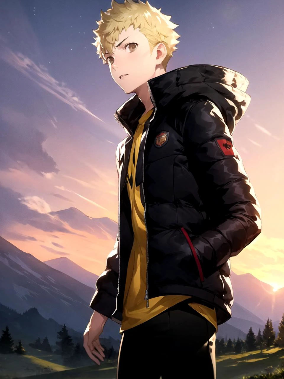 masterpiece, best quality, 1boy, solo, male focus, dsryuuji, blonde hair, short hair, brown eyes, jacket, pants, standing, outdoors, mountain pass, sunset, lens flare, cowboy shot, (soejima shigenori, persona 5:0.6)
<lyco:dsryuuji_lc_768:1>