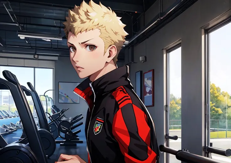 <lyco:dsryuuji_lc_768:1.0> dsryuuji, blonde hair, short hair, brown eyes, ((red tracksuit))
beautiful, masterpiece, best quality, looking at viewer, inside gym, 1boy