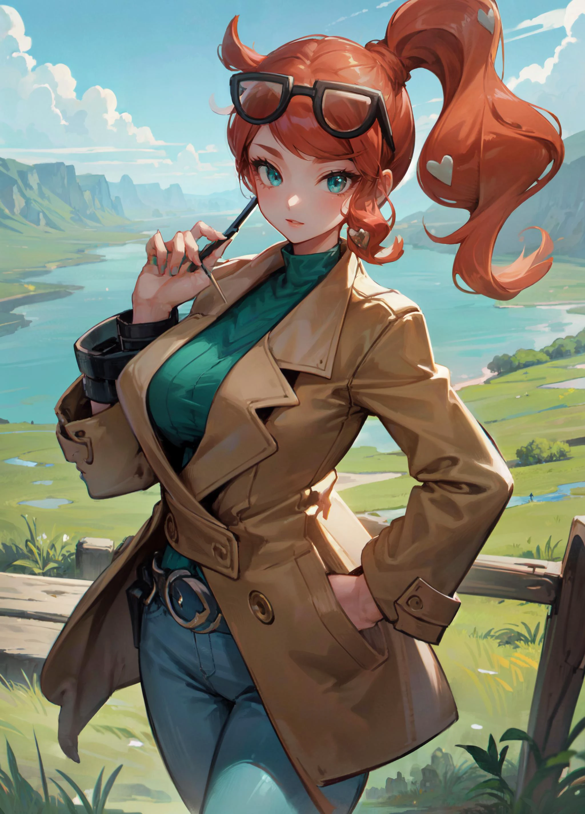(masterpiece, best quality, ultra detailed, beautiful illustration), atmospheric perspective, (adventure atmosphere, elaborate atmosphere:1.4), depth of field, looking at viewer, beautiful detailed eyes, (nice hands, perfect hands, anatomically correct hands), <lora:sonia_(pokemon):0.8>, aasonia, eyelashes, long hair, side ponytail, heart hair ornament, eyewear on head, sunglasses, (brown coat, open coat), long sleeves, ribbed shirt, green shirt, nail polish, pants, high heel boots, green footwear, cowboy shot, 1girl, mature woman, huge breasts, outdoors, (grasslands with a small lake in the distance),