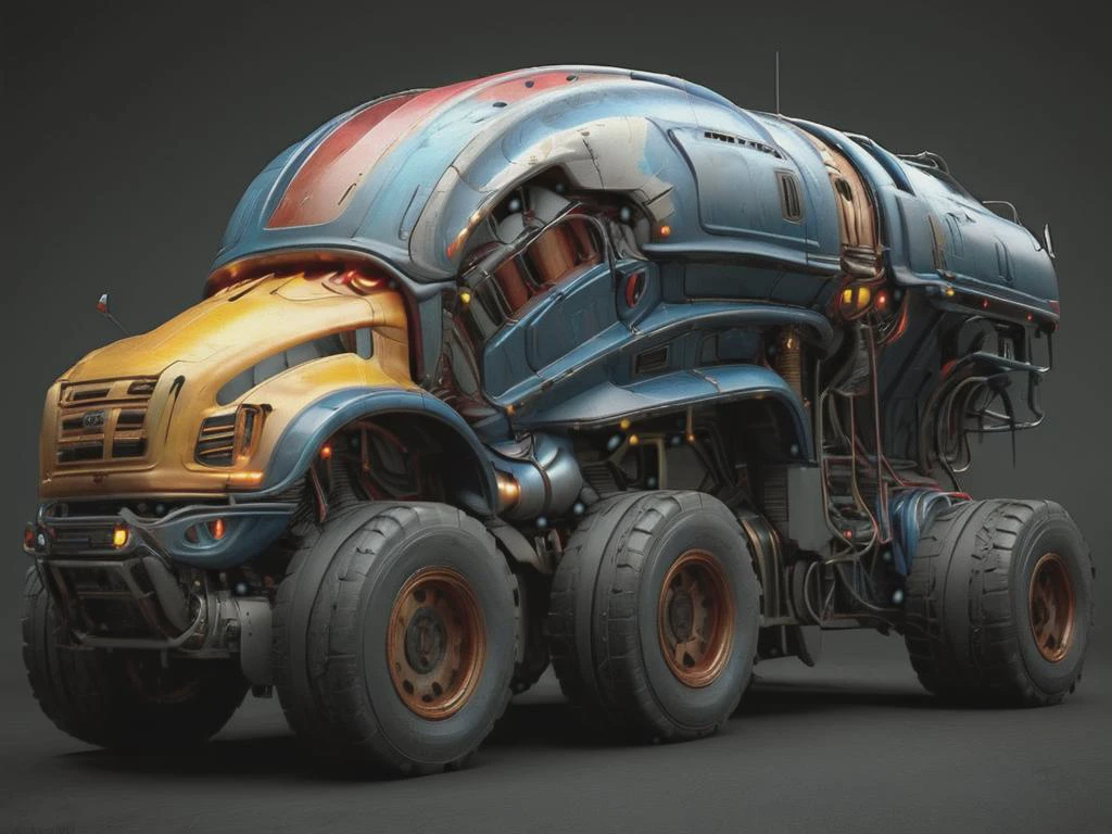 render of a truck, hyper detailed,  (amazing, Impressive lighting, vibrant colors, complex scene ,Ultra Realistic, trending on artstation, exaggerated) <lora:BioPunk2AI_XL:1>