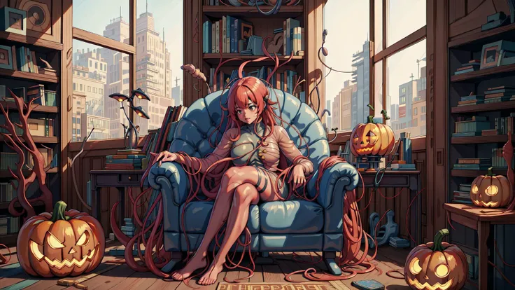 BiopunkAI pumpkin,(masterpiece:1.3 best quality:1.2 high quality:1.1),jack-o'-lantern,indoors,east asian architecture,realistic,computer,window,gaming chair,depth of field,bookshelf,highres,absurdres,incredibly absurdres,huge filesize,wallpaper,parody,<lora:BioPunkAI:1>,