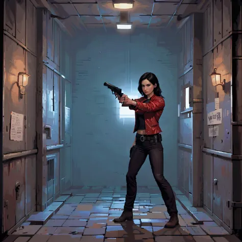 a woman in a red leather jacket aims a hand cannon inside a police department prison corridor, 1girl, solo, black hair, monasax, swm29, revolver, 2000s, black pants, black t-shirt, cell doors, bars, prison, jailhouse, escape, noticeboards, utility lighting,