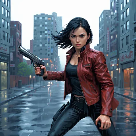 a woman in a red leather jacket aims a hand cannon while running along the city street, motion blur, speed, chase, rain, storm, 1girl, solo, black hair, monasax, deagle, revolver, 2000s, black pants, black t-shirt,