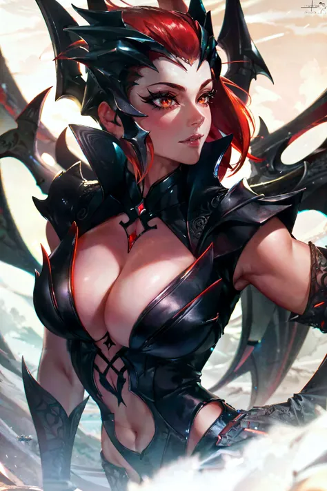 realism, VFX, Volumetric Lighting, Volumetric Light, Volumetric, Natural Lighting, high details, detailed and intricate, intricate details, high intricate details, absurd amount of details, absurdres, high resolution, Medium Shot, Single Shot, Shallow Focus, Low Angle Shot, elise 1girl, solo, breasts, (large breasts),curvy, red eyes, cleavage, red hair, monster girl, arthropod girl, silk, spider web, spider girl (masterpiece:1.2), (best quality), (ultra detailed), (8k, 4k, intricate) (85mm),(highly detailed:1.2),(detailed background),detailed landscape, (dynamic angle:1.2), (dynamic pose:1.2), <lora:elise:0.6> <lora:add_detail:1>