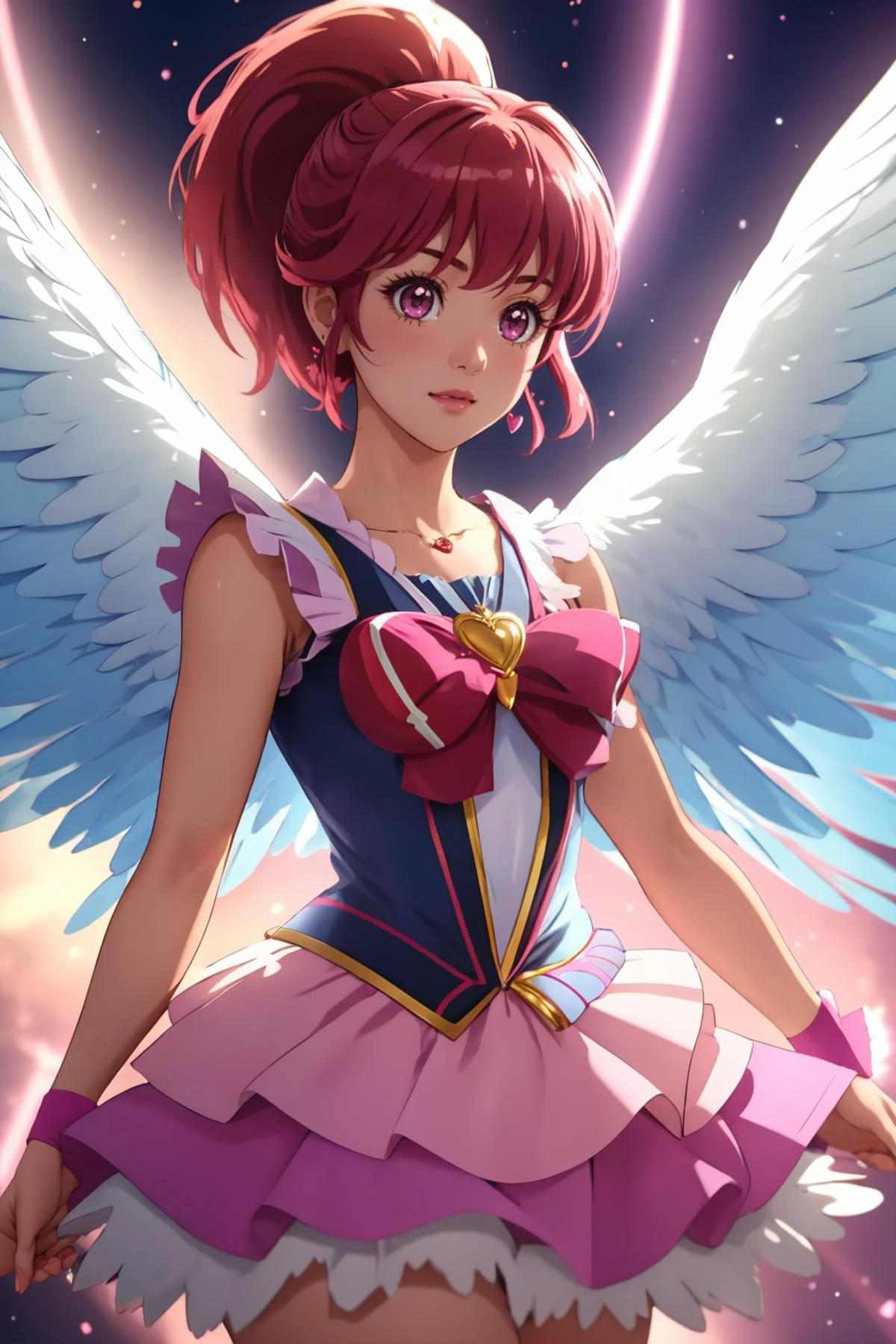 ultra detailed, sharp focus, best quality, masterpiece, colorful, <lora:CureLovely:1> AinoMegumi, short hair, ponytail, SuperHappiness, heart brooch, angel wings, volumetric lighting, best quality, masterpiece, intricate details