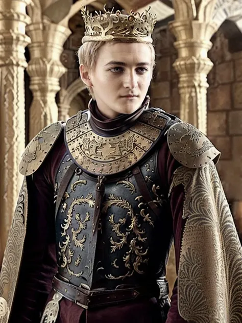 JoffreyBaratheon768,  medieval armor, crown, detailed eyes , ultra-sharpness, highest quality, art of Anya Millen, smooth, clear focus, trend on artforum, behance hd, muted colors   <lora:JoffreyBaratheon768:0.7>