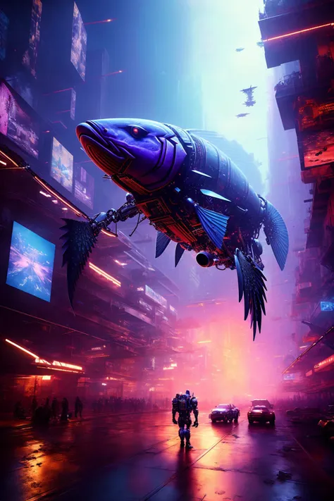 best quality,masterpiece,highly detailed,ultra-detailed,game cg,futuristic,hard surface modeling,A giant fish and giant robot float above the cyberpunk city,<lora:CPFT:0.7>,