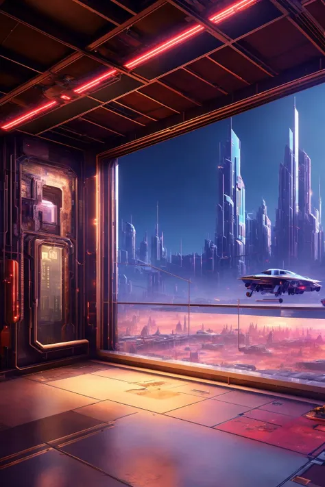 best quality,masterpiece,highly detailed,ultra-detailed,game cg,futuristic,hard surface modeling,Stunning gray interior with wide open windows showing a cyberpunk city,<lora:CPFT:0.7>,