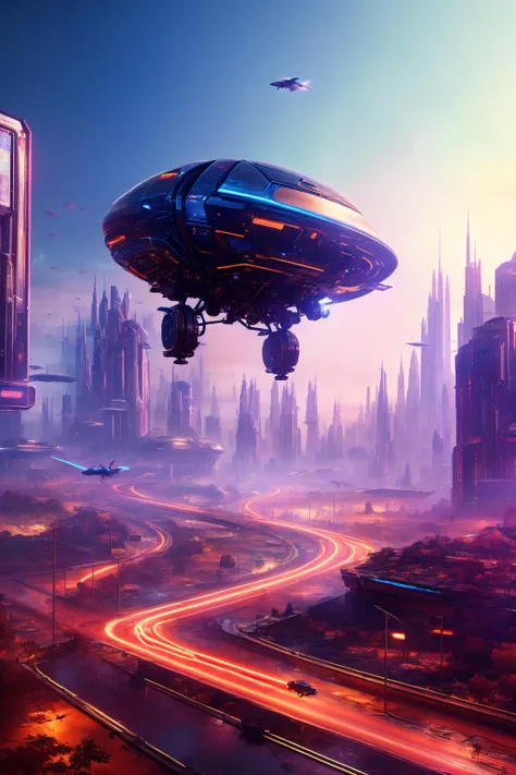 best quality,masterpiece,highly detailed,ultra-detailed,game cg,futuristic,hard surface modeling,A giant fish and giant robot float above the cyberpunk city<lora:CPFT:0.7>,