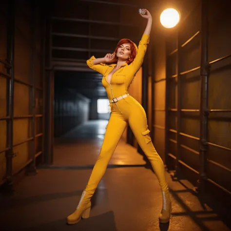 cinematic photo a realistic woman in yellow jumpsuit in the sewers<lora:April1024:0.8> . 35mm photograph, film, bokeh, professional, 4k, highly detailed