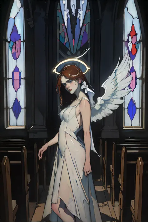 <lora:malcolmliepke:1.0>, malcolm liepke, portrait of a woman standing in a church, wearing long white dress, stained glass window, angel wings, halo || <lora:malcolmliepke:0.3>, painting by malcolm liepke, masterpiece, 8k, high resolution, shallow depth of field, sharp focus