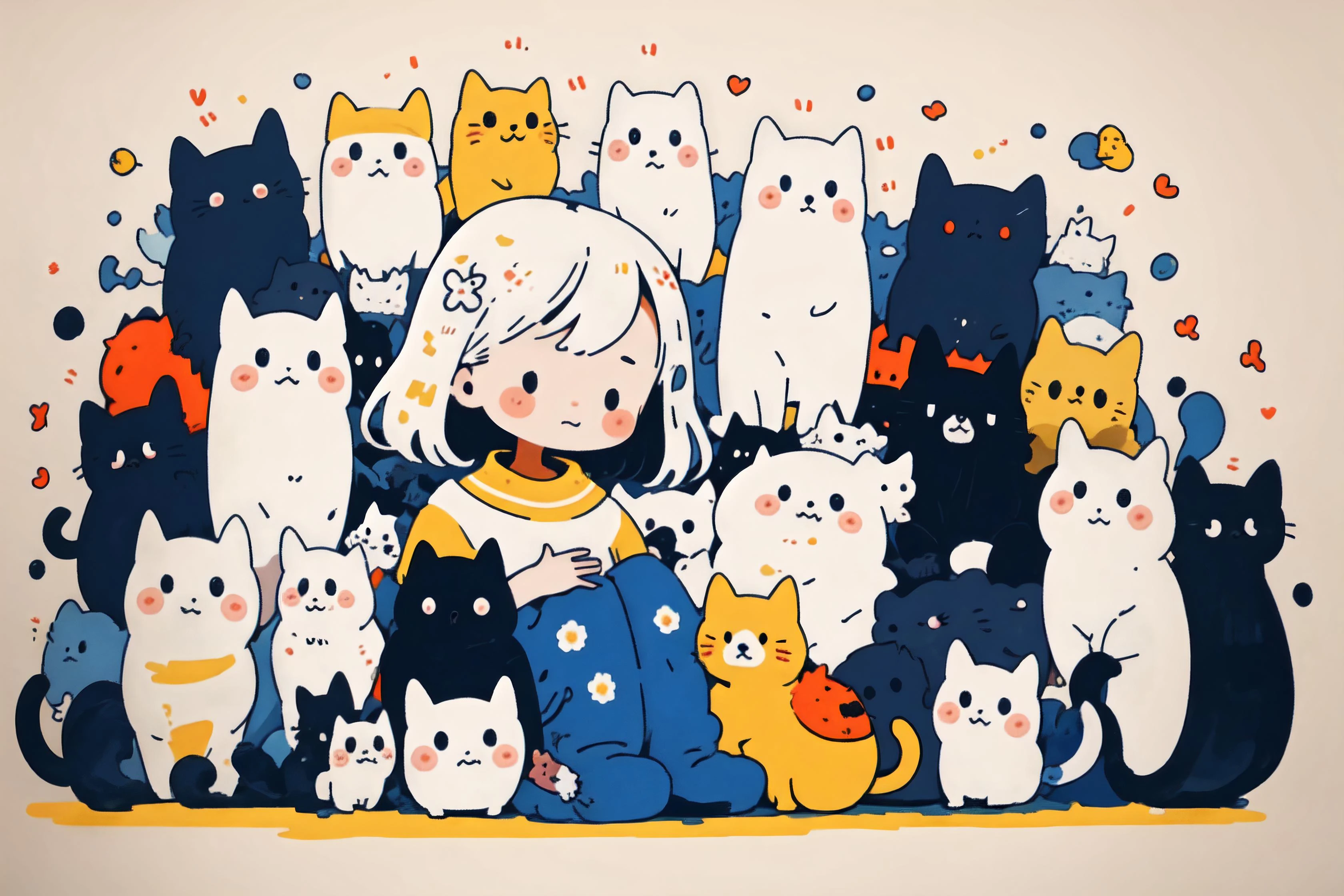 masterpiece, best quality, ultra high res, beautiful, visually stunning, elegant, incredible details, <lora:c1b1 - Chibi:1>, c1b1, chibi, cute, 1girl, cats,