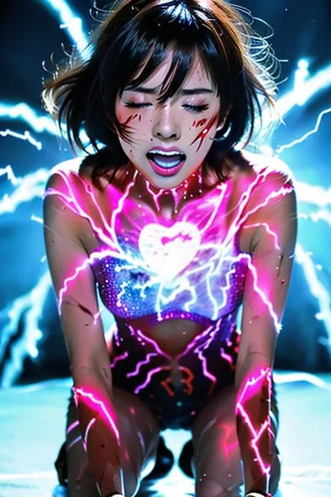 masterpiece,best quality,highly detailed,1girl,solo,
constricted pupils,closed eyes,struggling,open mouth,screaming,pain,close-up,
<lora:BerserkTransformation:0.75>,berserkTrans,tears,torn clothes,blood,ryona,shiny,injury,bleeding,glowing,electricity,sparkle,dynamic pose,glowing skin,explosion,explosive torn clothes,glowing bodypaint,heart-shaped gem on chest,kneeling,