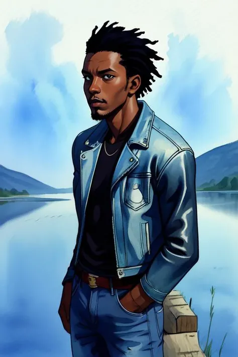 WtrClrSplash,solo, looking at viewer, norway, outdoors, African, 1 boy, male focus, solo, dark skin, dark skinned male, leather jacket, denim jeans , reflection,