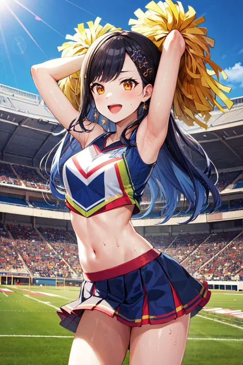 masterpiece, best quality, highres, aaan, long hair, multicolored hair, gradient hair, hair ornament, orange eyes, <lora:shiraishi_an_v1:0.7>, cheerleader, pom pom \(cheerleading\), stadium, sweat, standing, arms up, smile, open mouth,