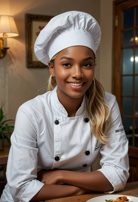 (medium full shot) of (handsome chef) young woman, african, dark skin, hazel eyes, tiny build, extra long blonde retro hair,  wearing a chef hat, white chef jacket, checkered chef pants, clogs, , set in  Private Dining Room, elegant setting with a large dining table, luxurious decor, soft lighting, a personal chef preparing a gourmet meal, intimate ambiance, at night, woman smiling, ,Masterpiece,best quality, photo, realistic, very aesthetic, detailed face,