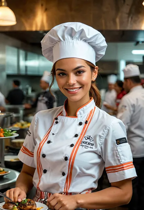 (medium full shot) of (stylish chef) young woman, mexican, caramel skin, brown eyes, slim build, medium ginger ponytail hair,  wearing a chef hat, short-sleeve chef shirt, striped chef pants, professional shoes, holding a chef knife, , set in  Corporate Event, professional setting with neatly arranged tables, chefs in action at live cooking stations, guests networking and enjoying hors d'oeuvres, stylish decor , woman smiling, ,Masterpiece,best quality, photo, realistic, very aesthetic, detailed face,