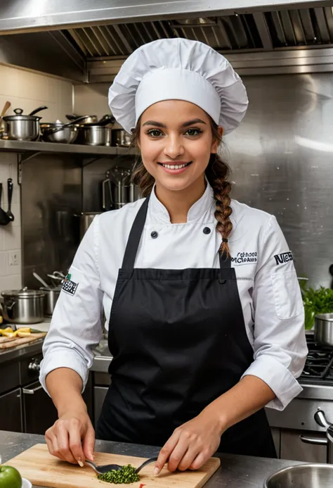 (medium full shot) of (charming chef) young woman, persian, ebony skin, green eyes, busty build, medium hazel pigtails hair,  wearing a chef hat, black chef jacket, apron, checkered chef pants, black sneakers, holding a spatula, , set in  Classroom Kitchen, setup with individual cooking stations, students following a chef instructor, mirrors above the counters for demonstration, ingredient stations, kitchen tools laid out, at night, woman smiling, ,Masterpiece,best quality, photo, realistic, very aesthetic, detailed face,