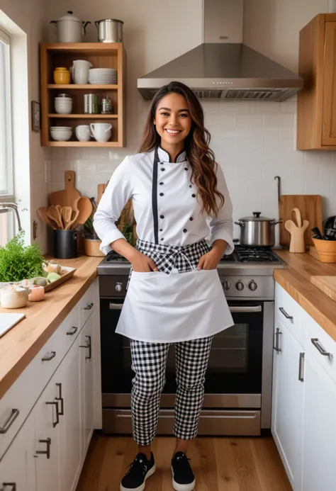 (medium full shot) of (charming chef) young woman, mexican, ebony skin, brown eyes, voluptuous build, extra long ginger hime cut hair,  wearing a long-sleeve chef shirt, apron, checkered chef pants, black sneakers, , set in  Home Kitchen, cozy space with a wooden countertop, a stove and oven, hanging pots and pans, a refrigerator with recipe notes stuck on it, fresh ingredients laid out, during lunch rush, woman smiling, Masterpiece,best quality, photo, realistic, very aesthetic, detailed face,