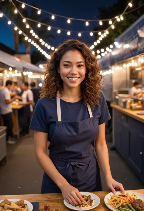 (medium full shot) of (appealing chef) young woman, philippine, light skin, hazel eyes, busty build, long dark curly down hair,  wearing a navy blue t-shirt, apron, khakis, slip-resistant shoes, , set in  Food Truck Park, area with multiple food trucks, picnic tables for seating, lively atmosphere, customers enjoying various street foods, string lights overhead, at night, woman smiling, Masterpiece,best quality, photo, realistic, very aesthetic, detailed face,