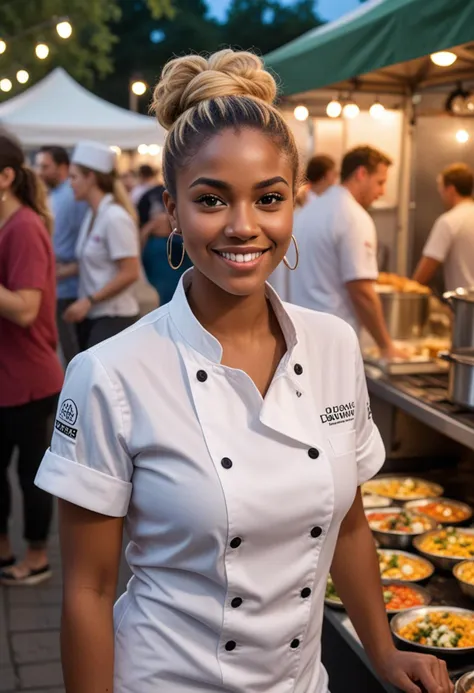 (medium full shot) of (debonair chef) young woman, black american, dark skin, brown eyes, voluptuous build, long blonde messy bun hair,  wearing a short-sleeve chef shirt, comfortable slacks, comfortable kitchen shoes, , set in  Street Food Festival, bustling event with food trucks lined up, live music playing, people sampling different cuisines, chefs interacting with customers, vibrant decorations, at night, woman smiling, Masterpiece,best quality, photo, realistic, very aesthetic, detailed face,