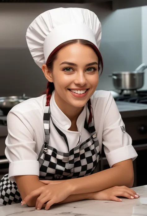 (medium full shot) of (stylish chef) young woman, mexican, ebony skin, green eyes, Medium build, extra long red french twist hair,  wearing a short-sleeve chef shirt, apron, checkered chef pants, comfortable kitchen shoes, , set in  Chef's Table, exclusive seating within the kitchen, a small table with high stools, close-up view of the chef at work, personalized tasting menu, at night, woman smiling,  ,Masterpiece,best quality, photo, realistic, very aesthetic, detailed face,