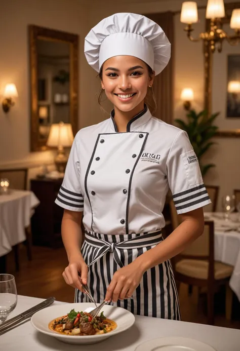 (medium full shot) of (energetic chef) young woman, native american, caramel skin, light brown eyes, slim build, short hazel retro hair,  wearing a chef hat, short-sleeve chef shirt, striped chef pants, professional shoes, holding a whisk, , set in  Private Dining Room, elegant setting with a large dining table, luxurious decor, soft lighting, a personal chef preparing a gourmet meal, intimate ambiance, woman smiling, Masterpiece,best quality, photo, realistic, very aesthetic, detailed face,