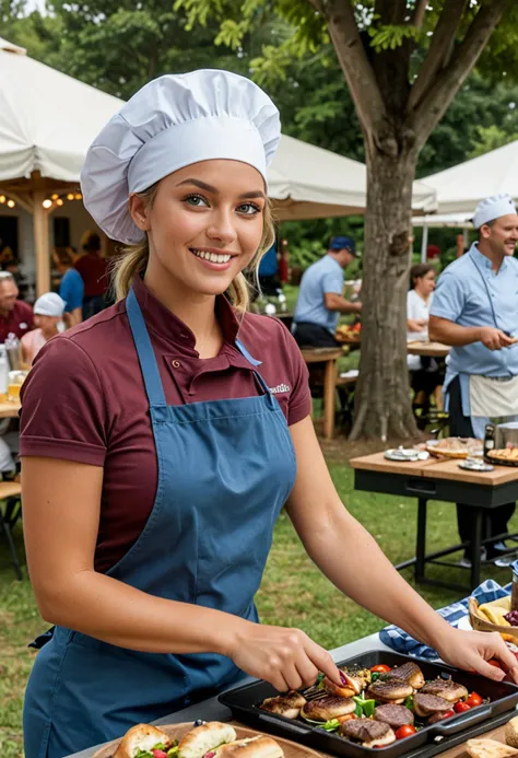 (medium full shot) of (handsome chef) young woman, brazilian, tan skin, blue eyes, Average build, medium blonde low bun hair,  wearing a chef hat, maroon polo shirt, chef pants, black sneakers, , set in  Outdoor Picnic, relaxed setup with picnic tables, chefs grilling and serving food, guests enjoying the outdoors, colorful decorations, a live music band , woman smiling, ,Masterpiece,best quality, photo, realistic, very aesthetic, detailed face,