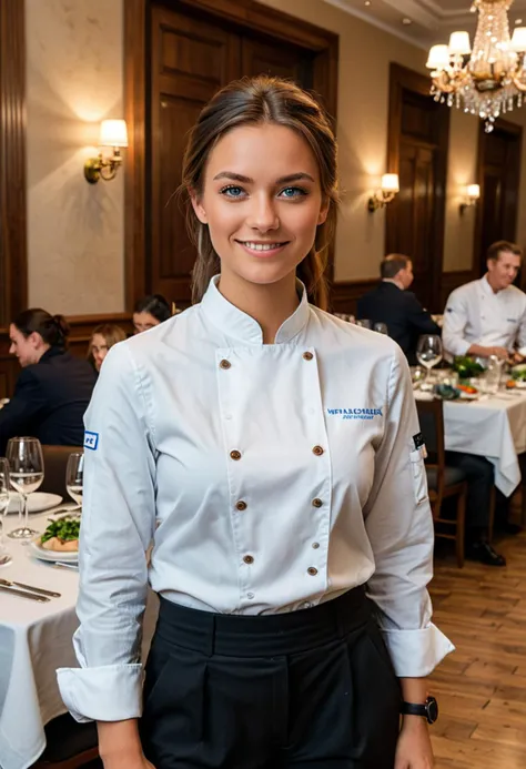 (medium full shot) of (stylish chef) young woman, swedish, tan skin, blue eyes, tiny build, medium brown straight down hair,  wearing a long-sleeve chef shirt, black trousers, professional shoes, , set in  Banquet Hall, large room with round tables, beautifully decorated, buffet setup along one side, chefs in uniform ready to serve, guests mingling , during dinner service, woman smiling, ,Masterpiece,best quality, photo, realistic, very aesthetic, detailed face,