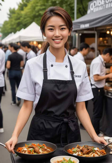 (medium full shot) of (attractive chef) young woman, korean, tan skin, hazel eyes, lithe build, medium dark hime cut hair,  wearing a short-sleeve chef shirt, apron, black trousers, loafers, holding a ladle, , set in  Street Food Festival, bustling event with food trucks lined up, live music playing, people sampling different cuisines, chefs interacting with customers, vibrant decorations, during dinner service, woman smiling, Masterpiece,best quality, photo, realistic, very aesthetic, detailed face,